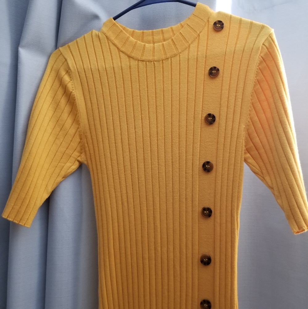 Lulu's Mustard Yellow Ribbed Midi Dress with Button Detail